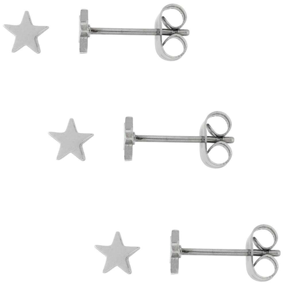 3 PAIR PACK Tiny Stainless Steel Star Stud Earrings, 1/4 inch