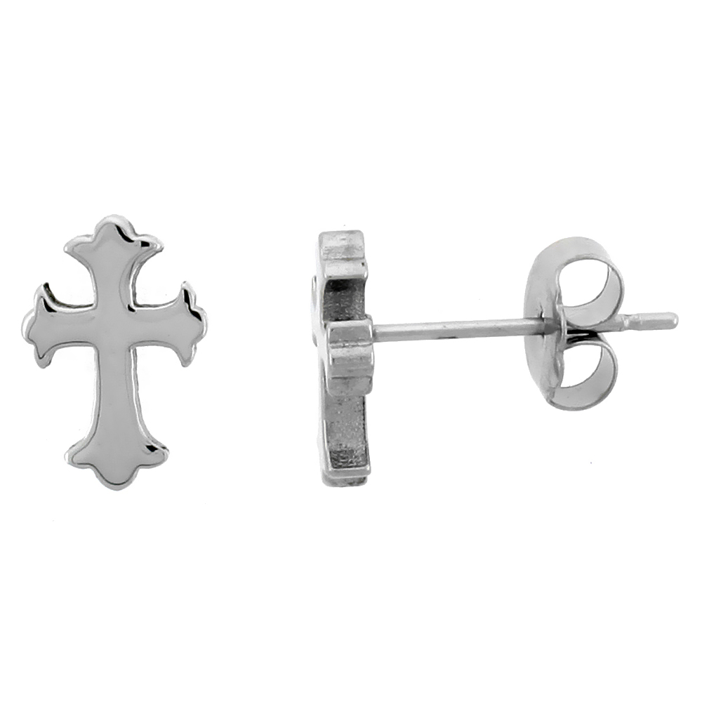 10 PAIR PACK Small Stainless Steel Gothic Cross Stud Earrings, 3/8 inch