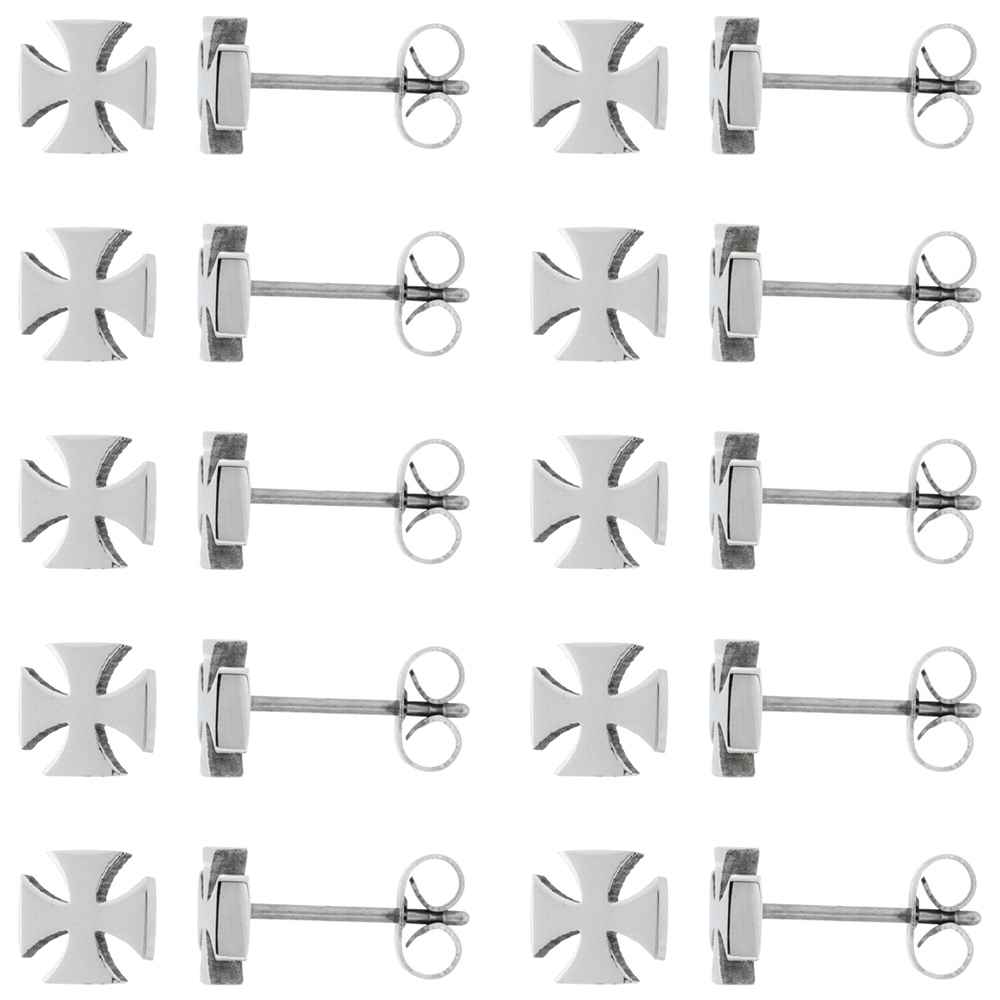 10 PAIR PACK Small Stainless Steel Maltese Cross Stud Earrings, 1/4 inch