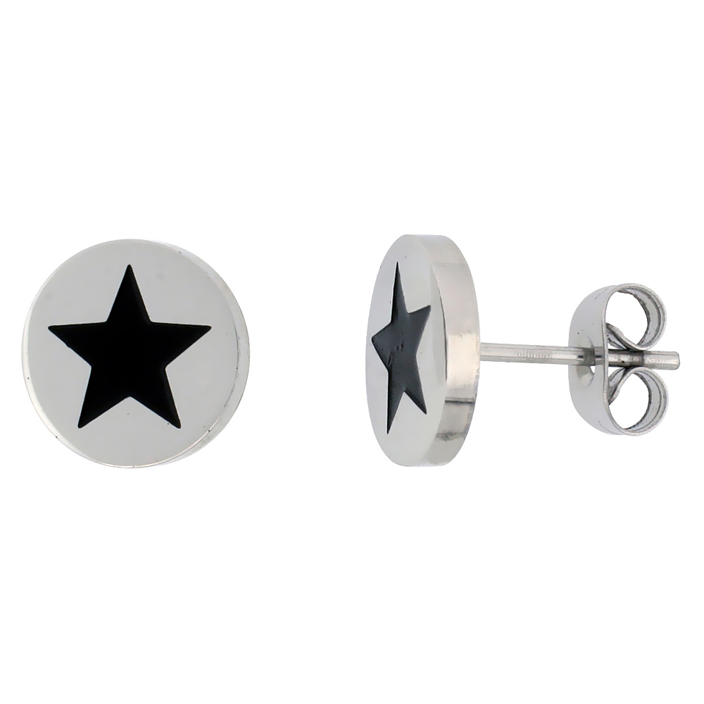 Stainless Steel Star Stud Earrings Black Enameled, 3/8 inch