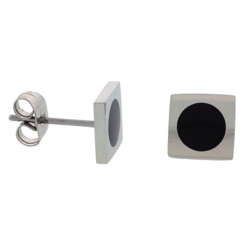 Stainless Steel Square Stud Earrings Round Black Dot , 5/16inch