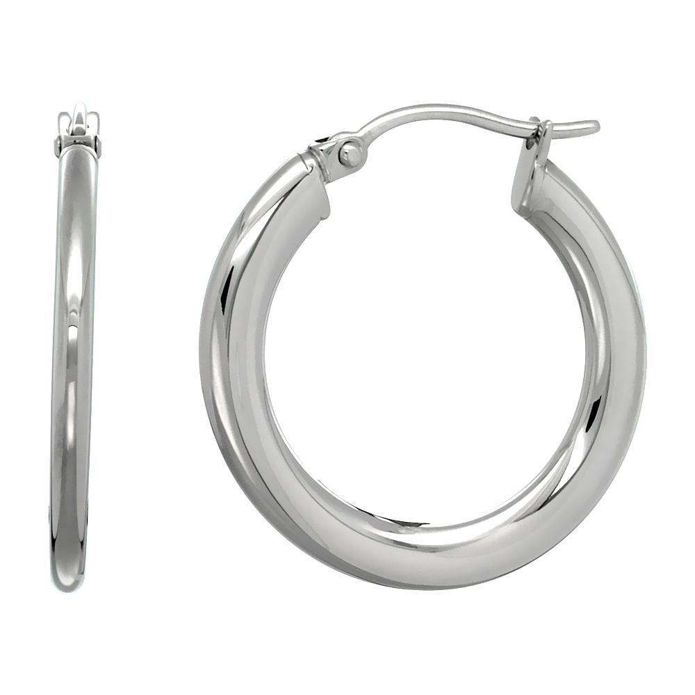 Stainless Steel Hoop Earrings 1 inch 4 mm Flat Tube Plain Polished Light Weight
