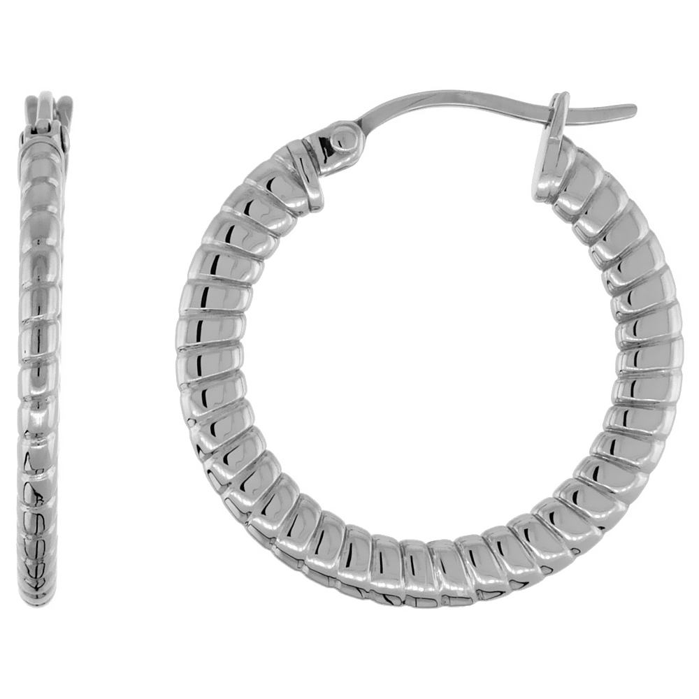 Stainless Steel Hoop Earrings 1 inch 4 mm Flat Tube Spiral Pattern Light Weight