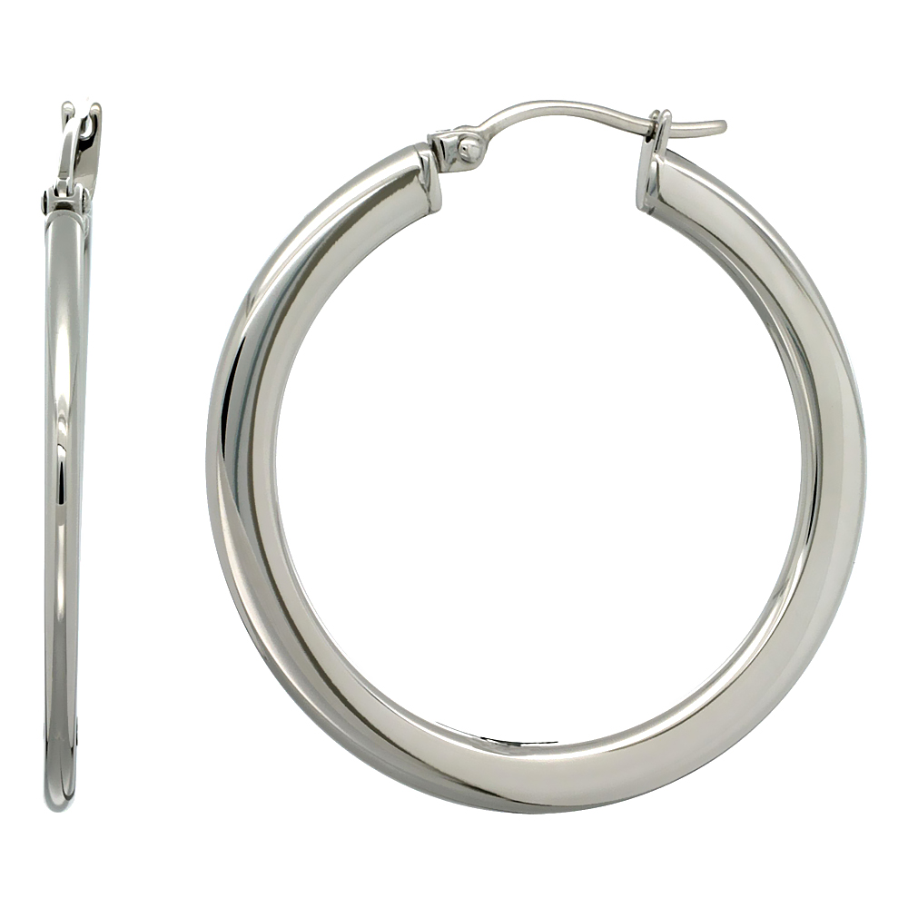 Stainless Steel Hoop Earrings 4 mm Flat Tube Plain Polished Light Weight