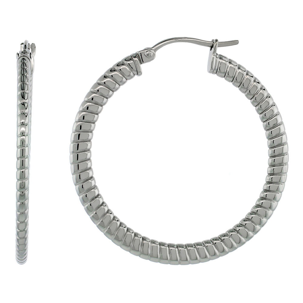 Stainless Steel Hoop Earrings 1 1/2 inch 4 mm Flat Tube Spiral Pattern Light Weight