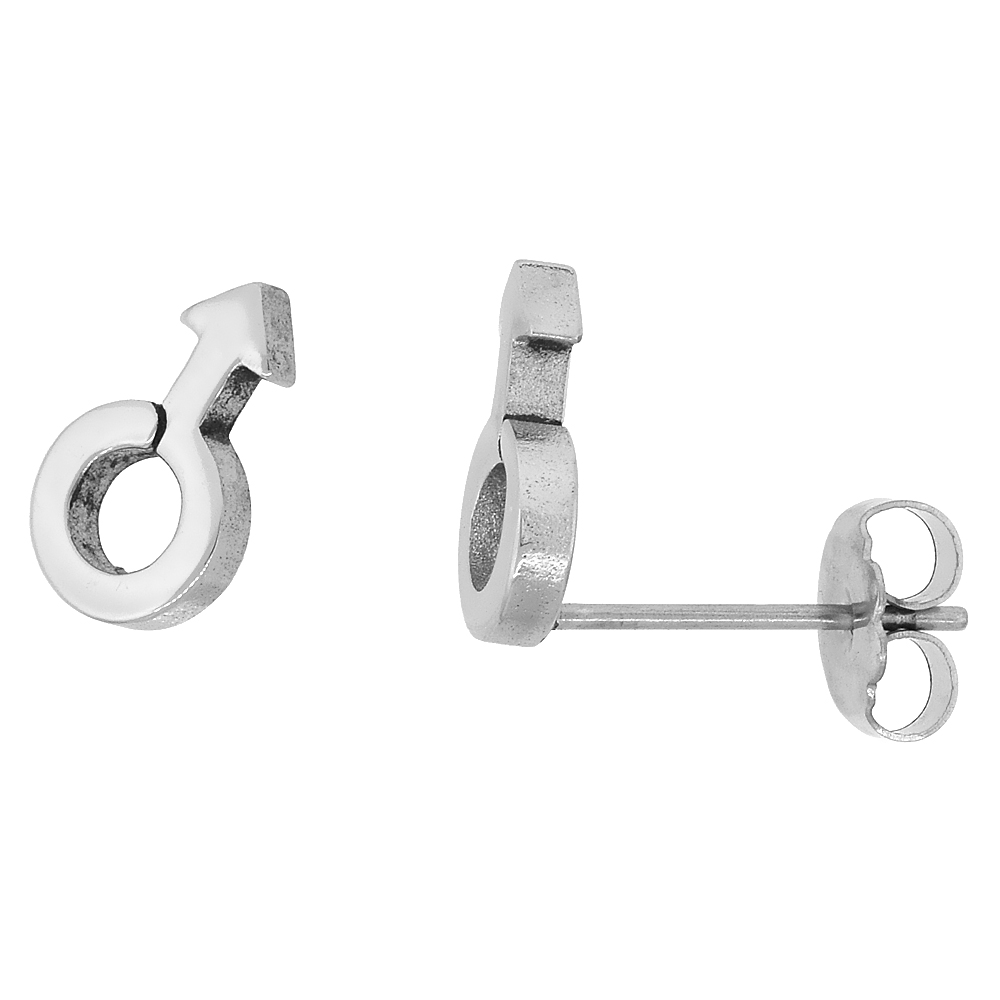 3 PAIR PACK Small Stainless Steel Male Symbol Stud Earrings, 3/8 inch