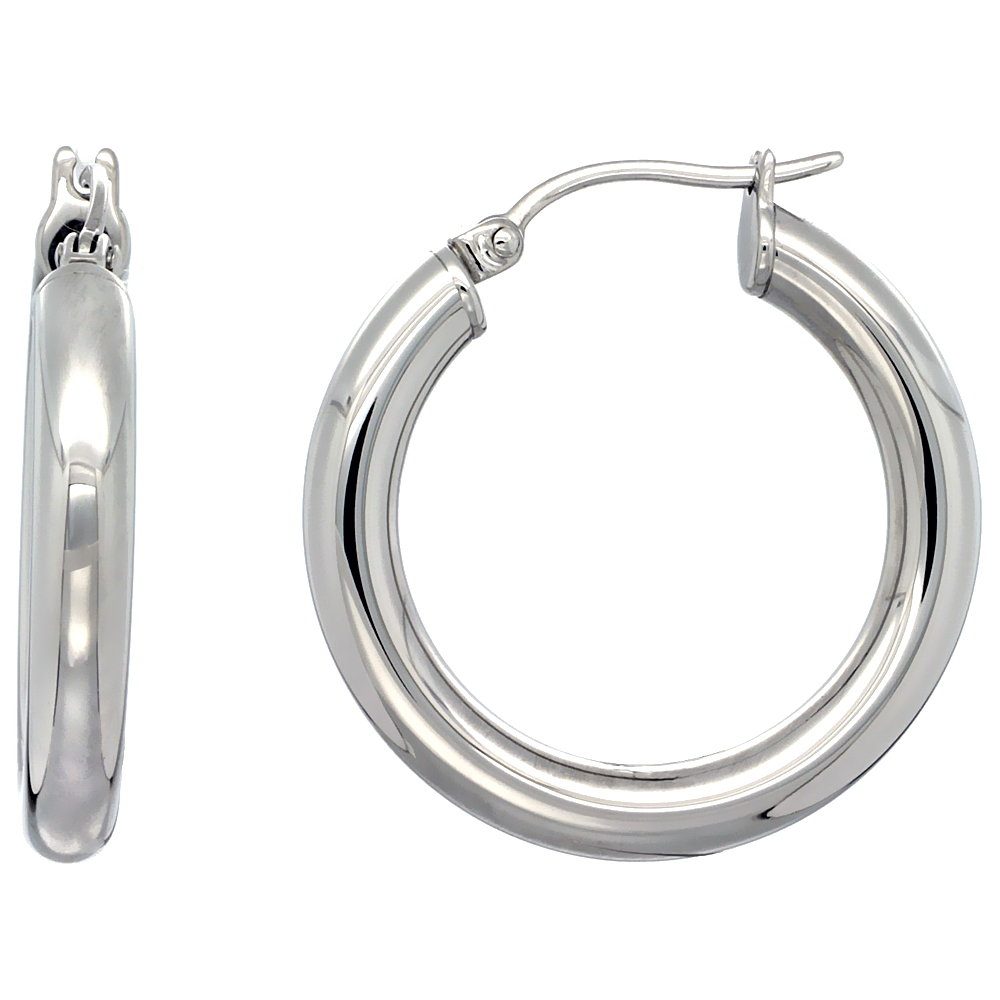 Stainless Steel Hoop Earrings 1 1/4 inch 4mm Tube Plain Polished Light Weight