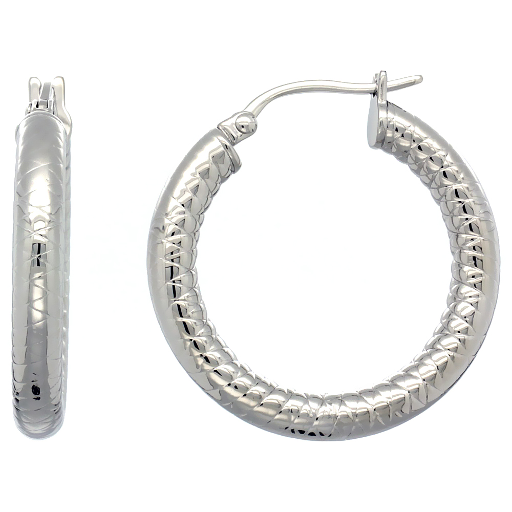 Stainless Steel Hoop Earrings 1 1/4 inch Tight Zigzag Pattern 4mm Tube Light Weight