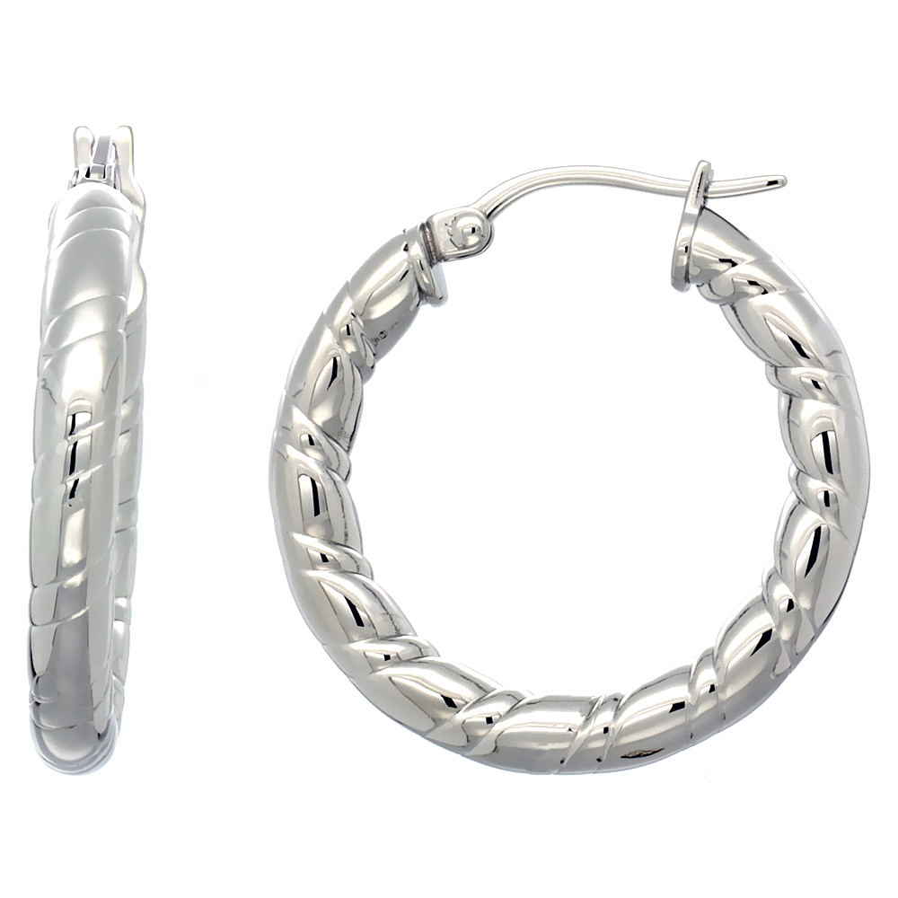 Stainless Steel Hoop Earrings 1 1/4 inch Candy Stripe Pattern 4mm Tube Light Weight