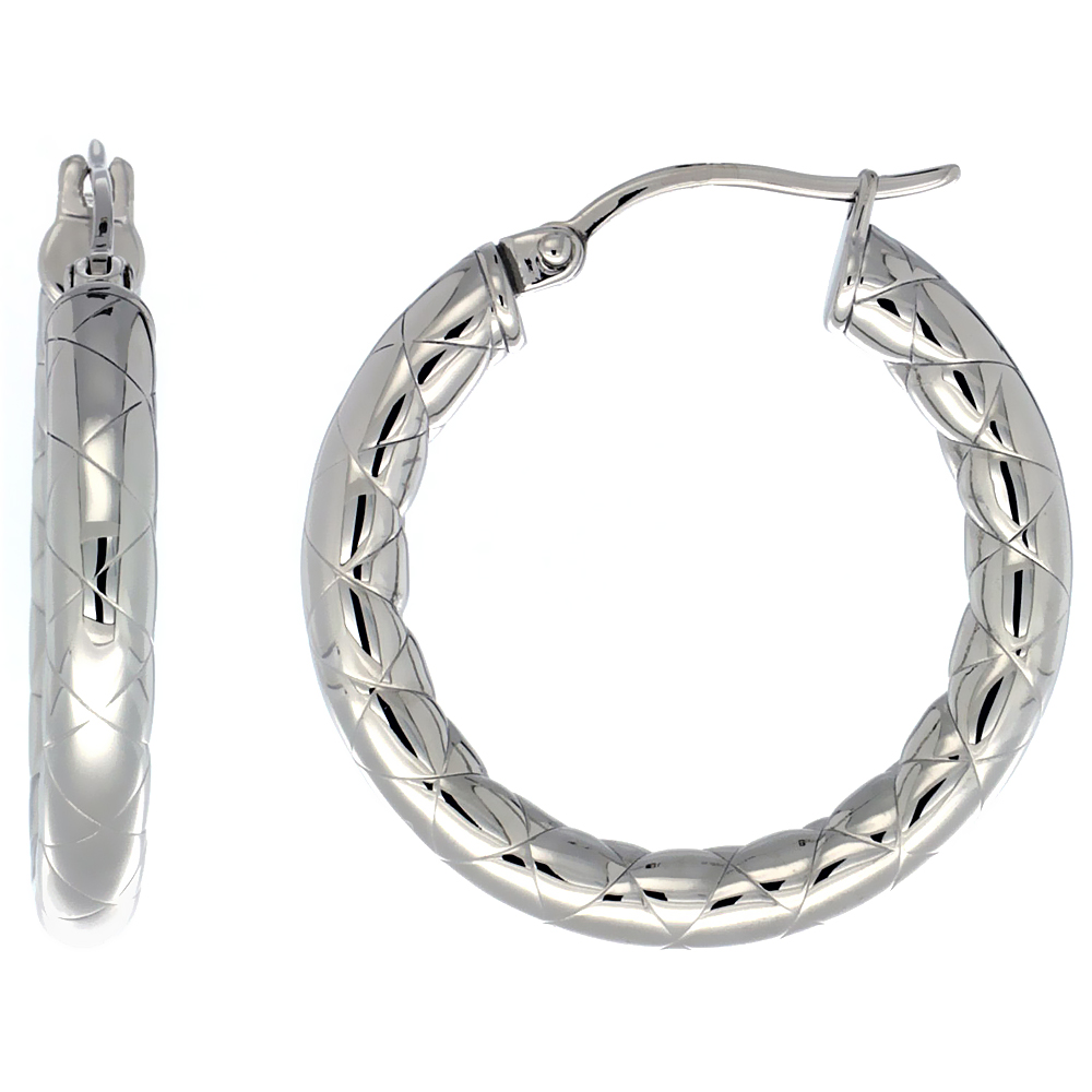 Stainless Steel Hoop Earrings 1 1/4 inch Zigzag Pattern 4mm Tube Light Weight