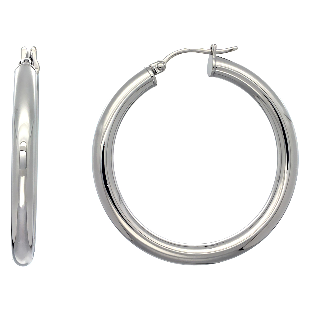 Stainless Steel Hoop Earrings 1 1/2 inch Polished 4mm Tube Plain Light Weight