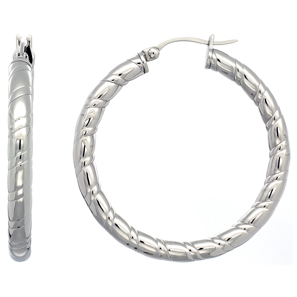 Stainless Steel Hoop Earrings 1 1/2 inch Candy Stripe Pattern 4mm Tube Light Weight