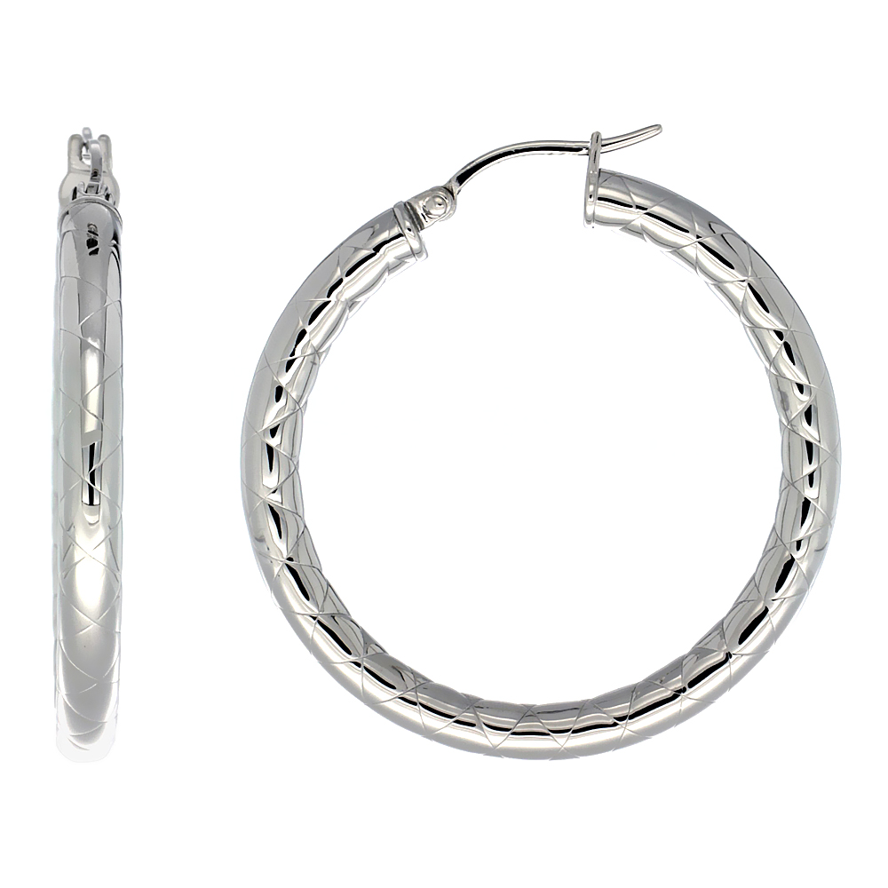 Stainless Steel Hoop Earrings 1 1/2 inch Zigzag Pattern 4mm Tube Light Weight