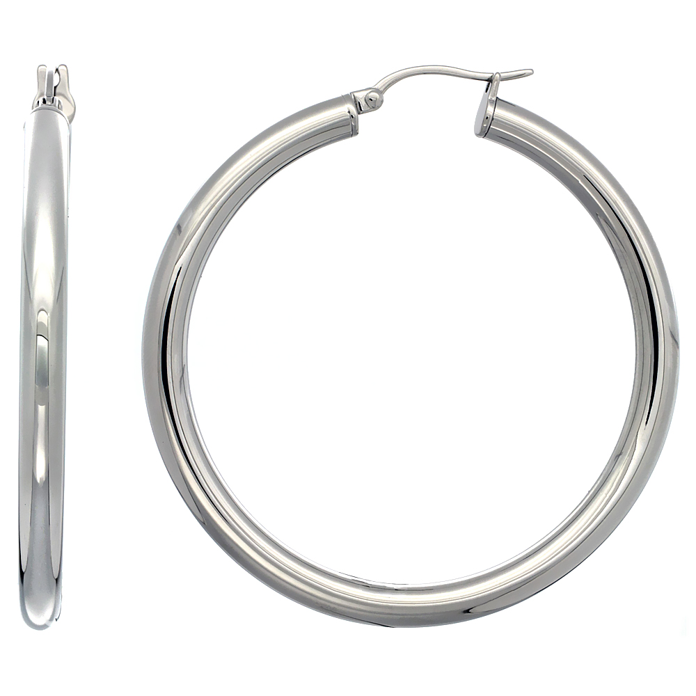 Stainless Steel Hoop Earrings 2 inch Polished 4mm Tube Plain Light Weight