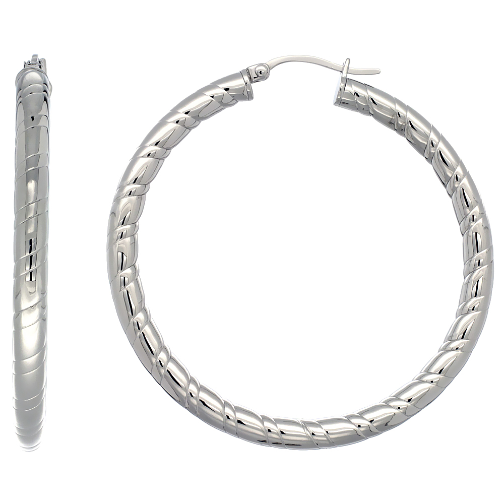 Stainless Steel Hoop Earrings 2 inch Candy Stripe Pattern 4mm Tube Light Weight