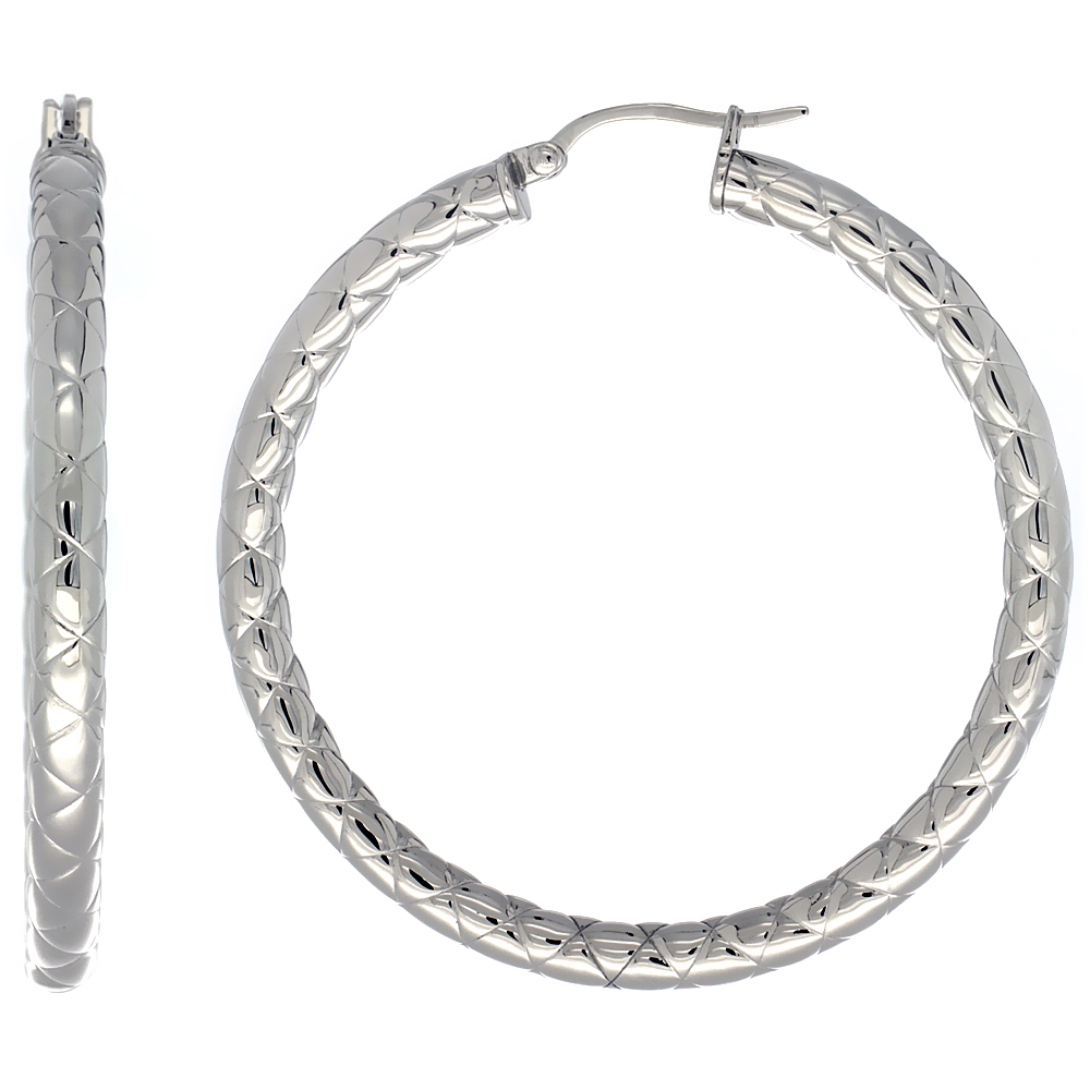 Stainless Steel Hoop Earrings 2 inch Zigzag Pattern 4mm Tube Light Weight