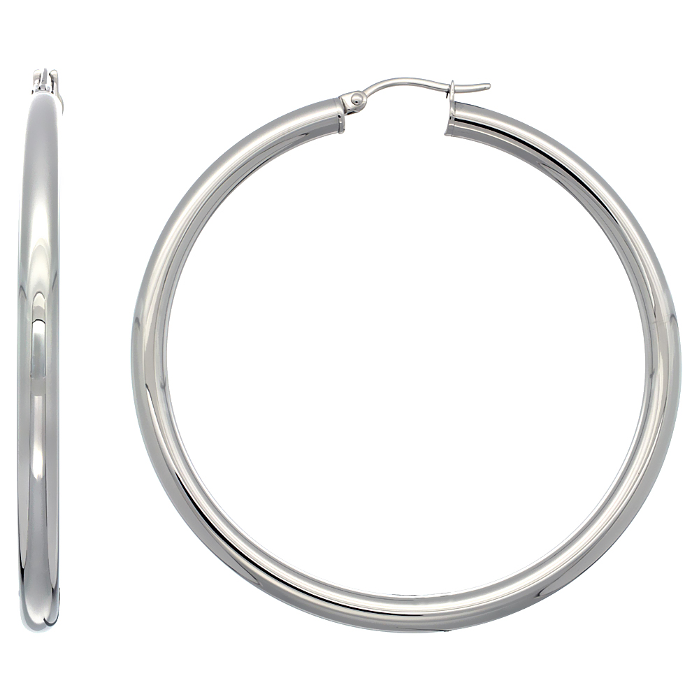 Stainless Steel Hoop Earrings 2 1/4 inch Polished 4mm Tube Plain Light Weight