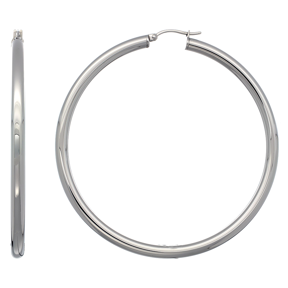 Stainless Steel Hoop Earrings 2 3/4 inch Polished 4mm Tube Plain Light Weight