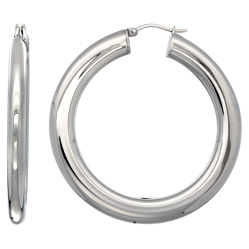 Stainless Steel Hoop Earrings 2 inch Polished 7 mm Fat Flat Tube Plain Light Weight