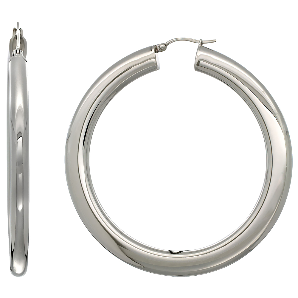 Stainless Steel Hoop Earrings 2 1/2 inch Polished 7 mm Fat Flat Tube Plain Light Weight
