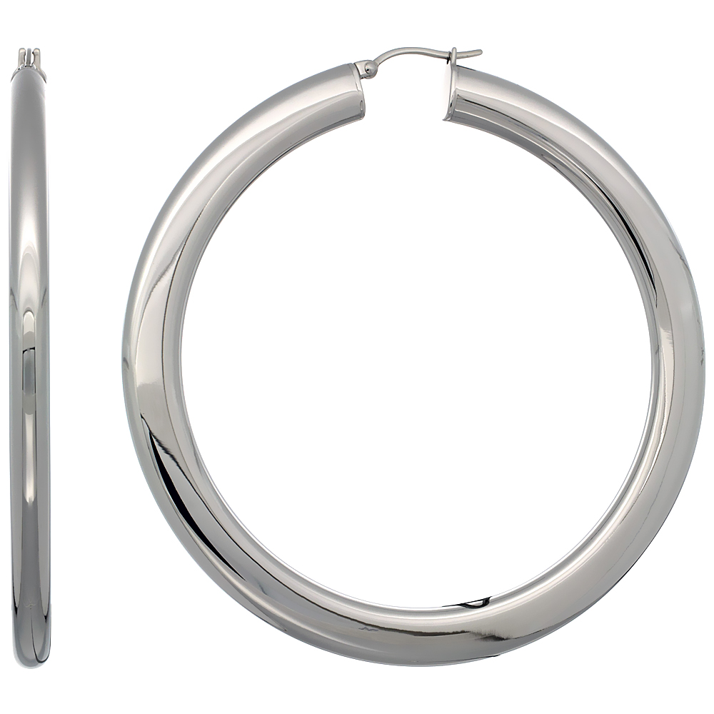 Stainless Steel Hoop Earrings 3 inch Polished 7 mm Fat Flat Tube Plain Light Weight