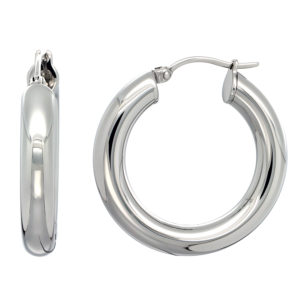 Stainless Steel Hoop Earrings 1 1/4 inch Polished 5mm Thick Tube Plain Light Weight