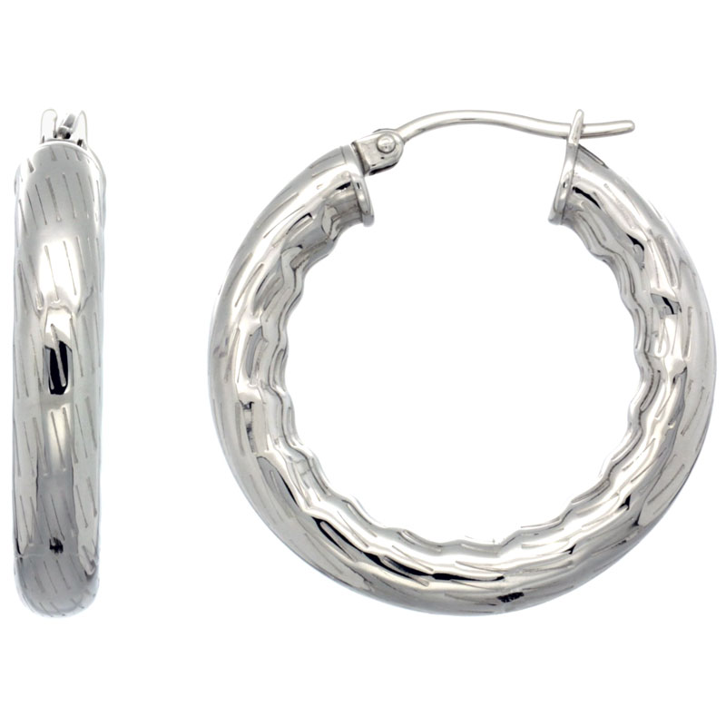 Stainless Steel Hoop Earrings 1 1/4 inch Bamboo Pattern 5mm Thick Tube Light Weight