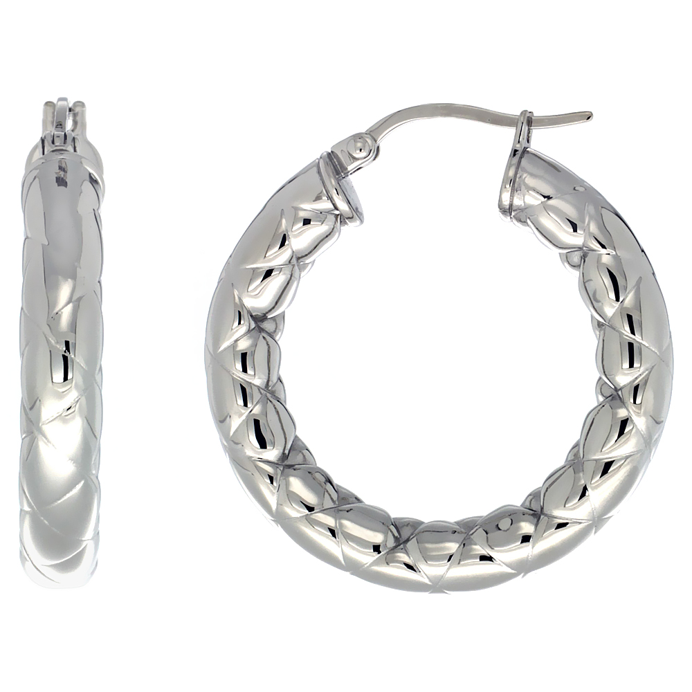 Stainless Steel Hoop Earrings 1 1/4 inch Zigzag Pattern 5mm Thick Tube Light Weight