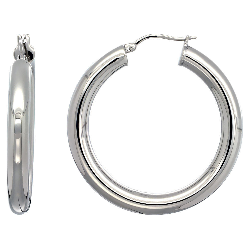 Stainless Steel Hoop Earrings 1 1/2 inch Polished 5mm Thick Tube Plain Light Weight