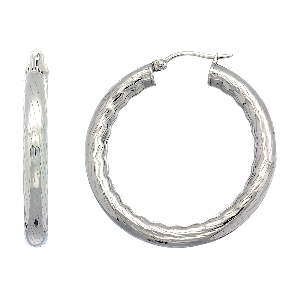 Stainless Steel Hoop Earrings 1 1/2 inch Bamboo Pattern 5mm Thick Tube Light Weight