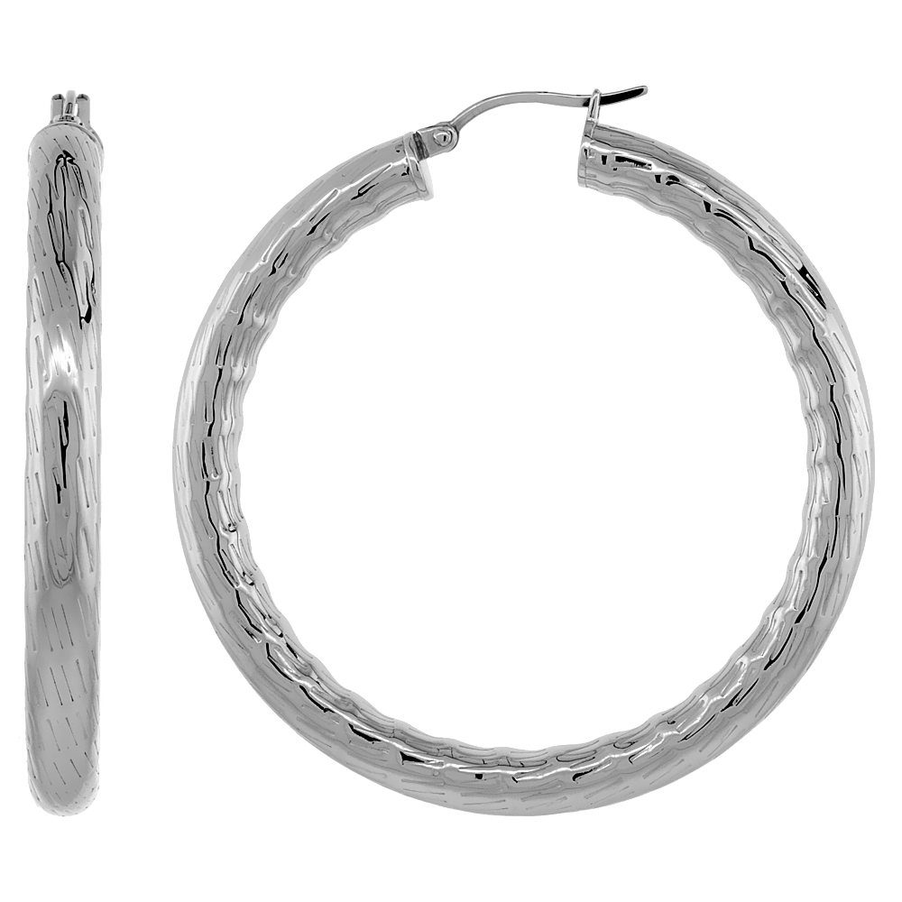 Stainless Steel Hoop Earrings 2 inch Bamboo Pattern 5mm Thick Tube Light Weight