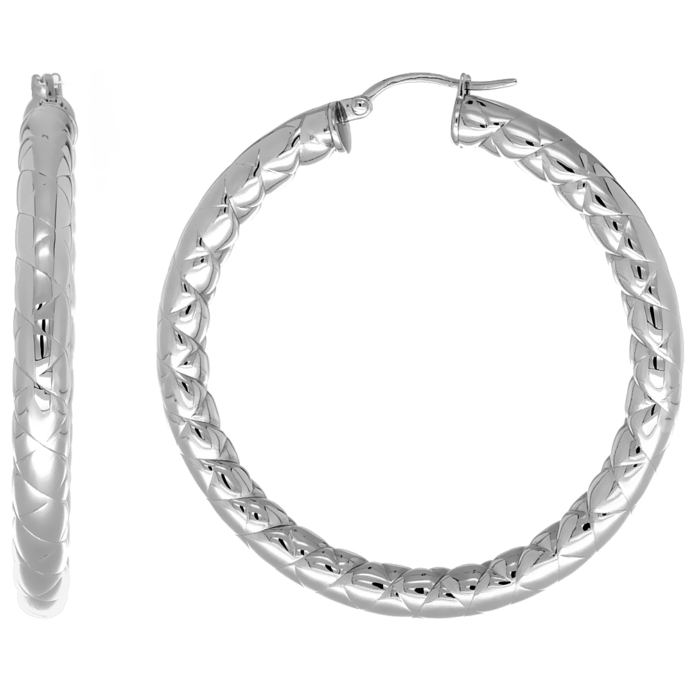 Stainless Steel Hoop Earrings 2 inch Zigzag Pattern 5mm Thick Tube Light Weight