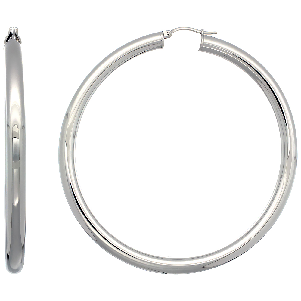 Stainless Steel Hoop Earrings 2 3/4 inch 5 mm Thick Tube Plain Polished Light Weight