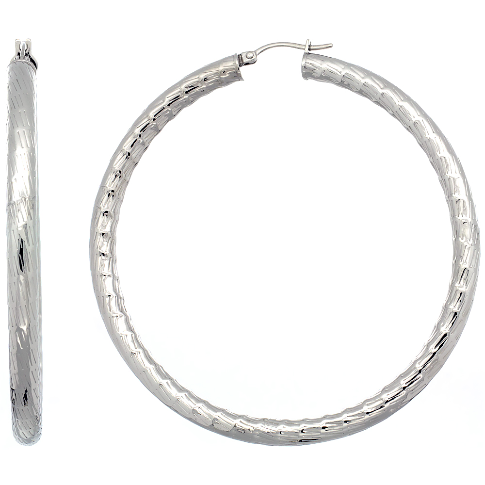 Stainless Steel Hoop Earrings 2 3/4 inch 5 mm Thick Tube Bamboo Pattern Light Weight