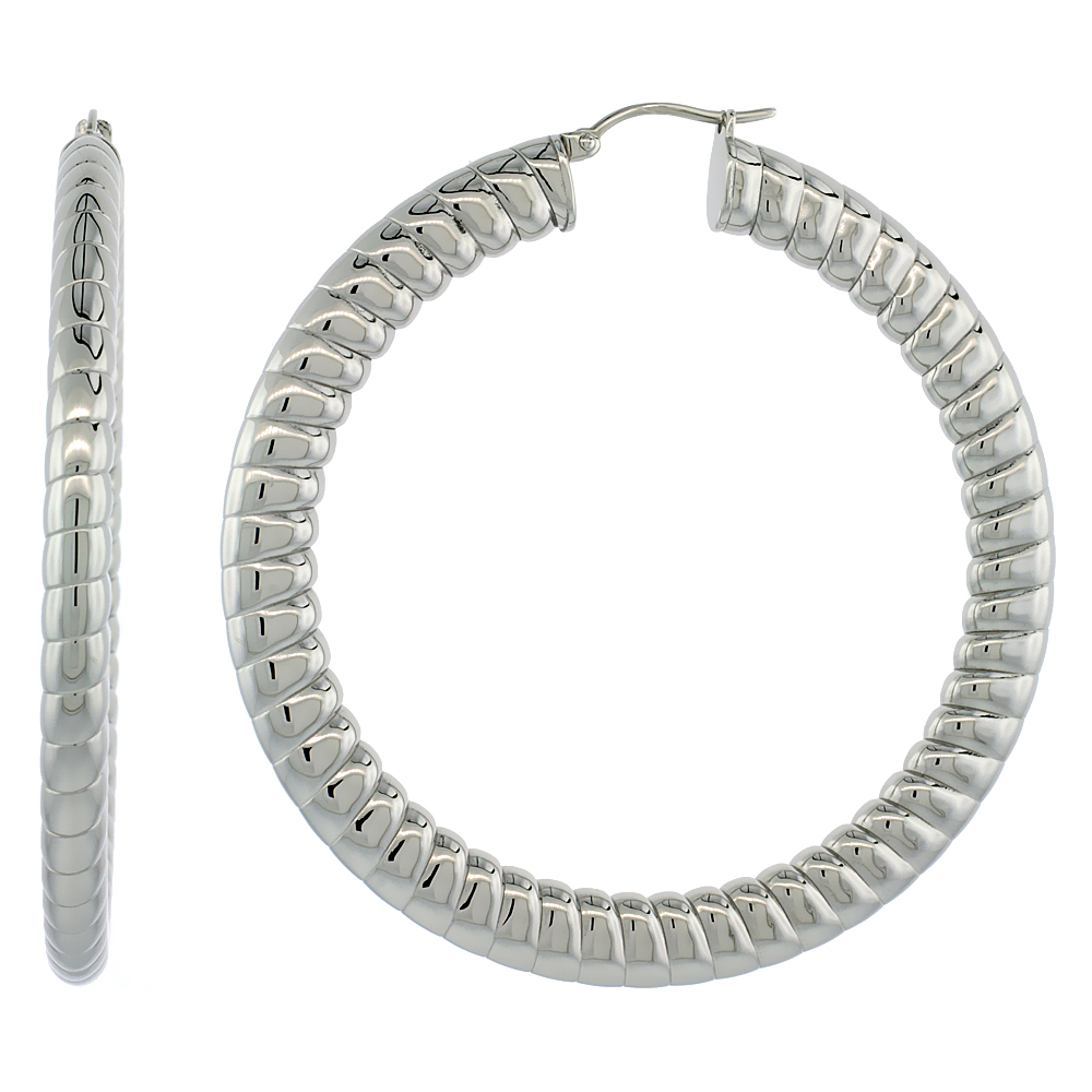 Stainless Steel Hoop Earrings 2 1/2 inch 7 mm Fat Flat tube Spiral Pattern Light Weight