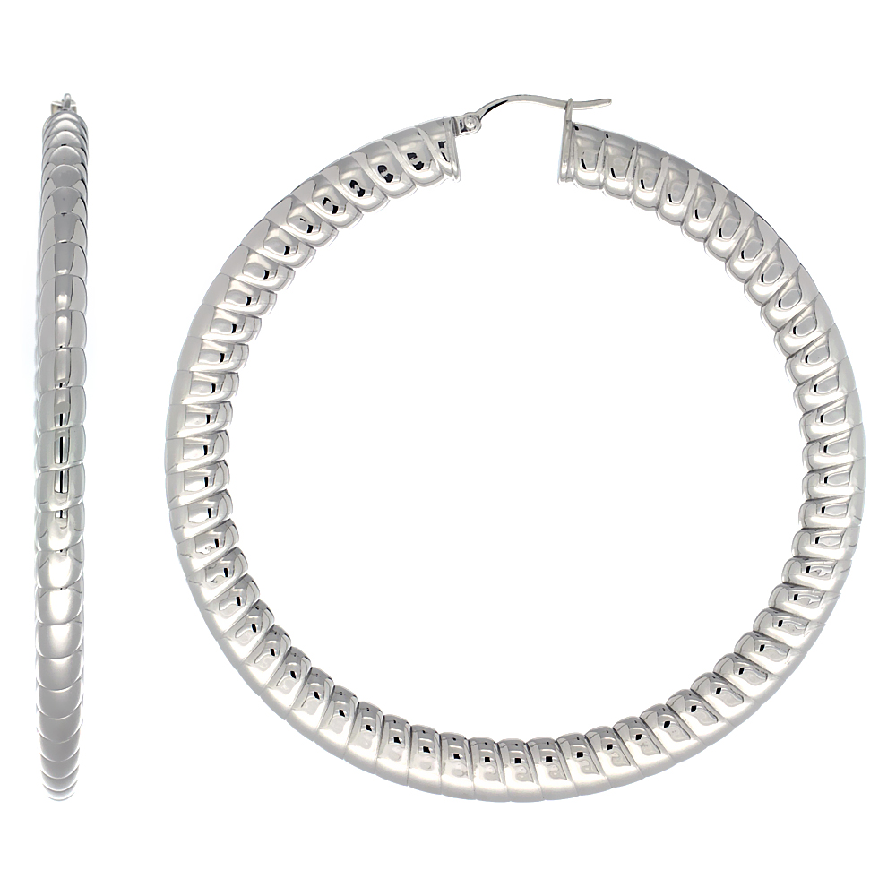Stainless Steel Hoop Earrings 3 inch 7 mm Fat Flat tube Spiral Pattern Light Weight
