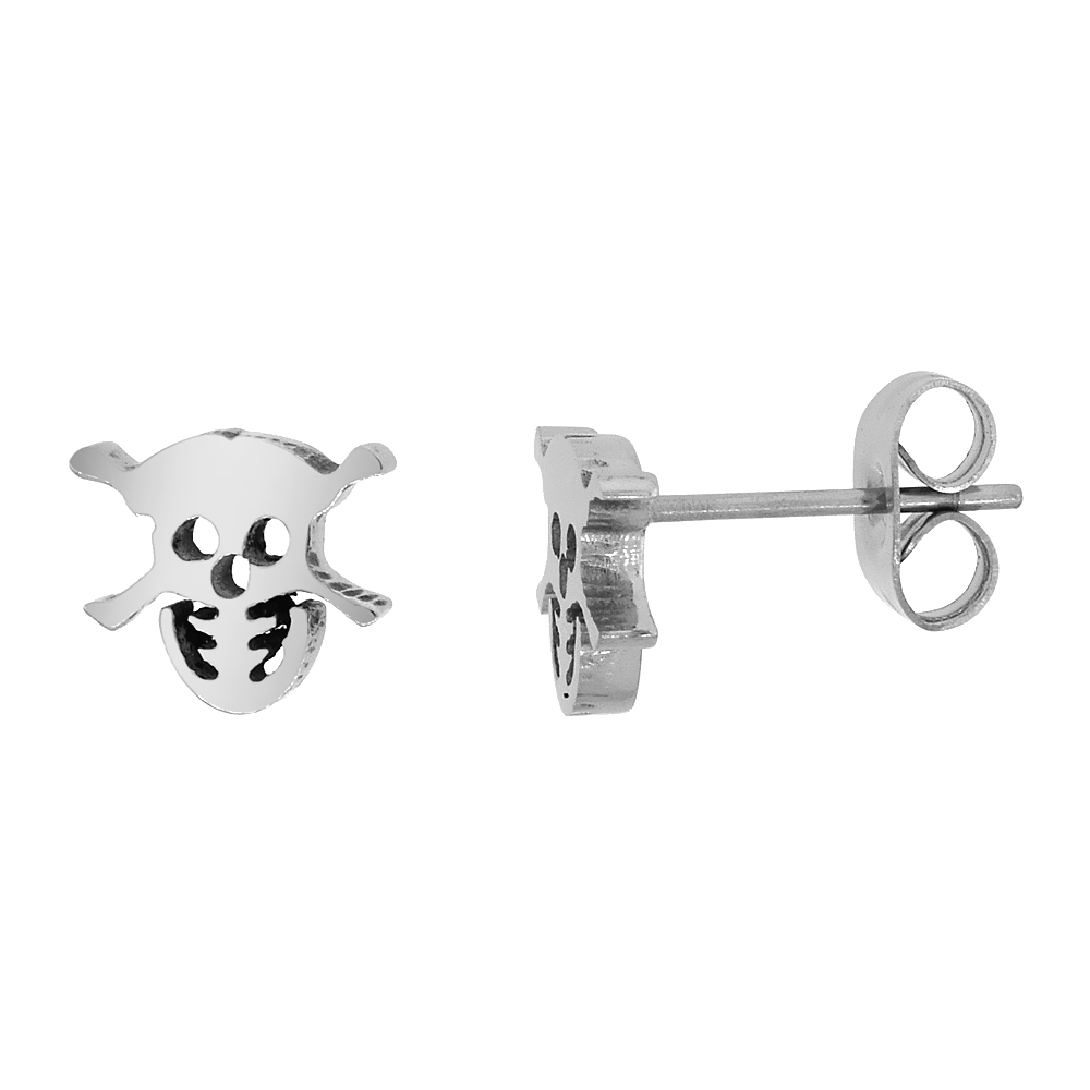 Small Stainless Steel Skull &amp; Crossbones Stud Earrings, 3/8 inch