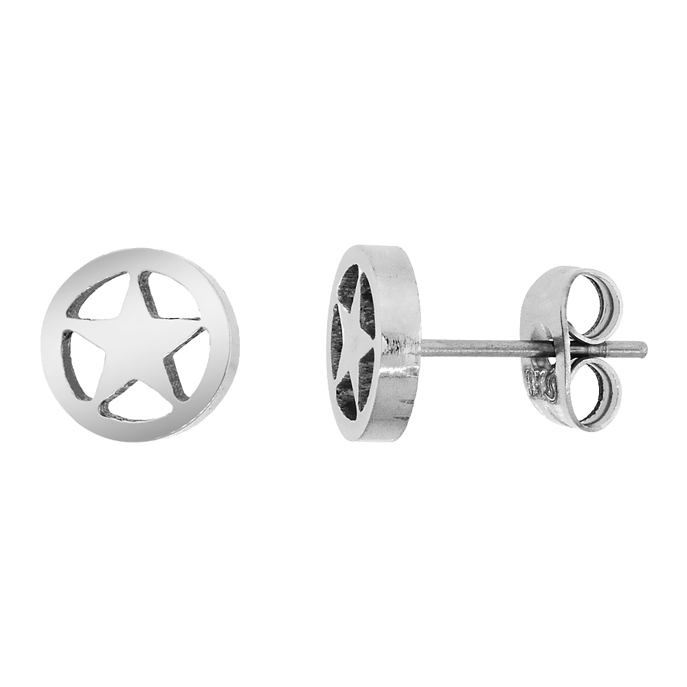 10 PAIR PACK Small Stainless Steel Army Star Stud Earrings, 3/8 inch