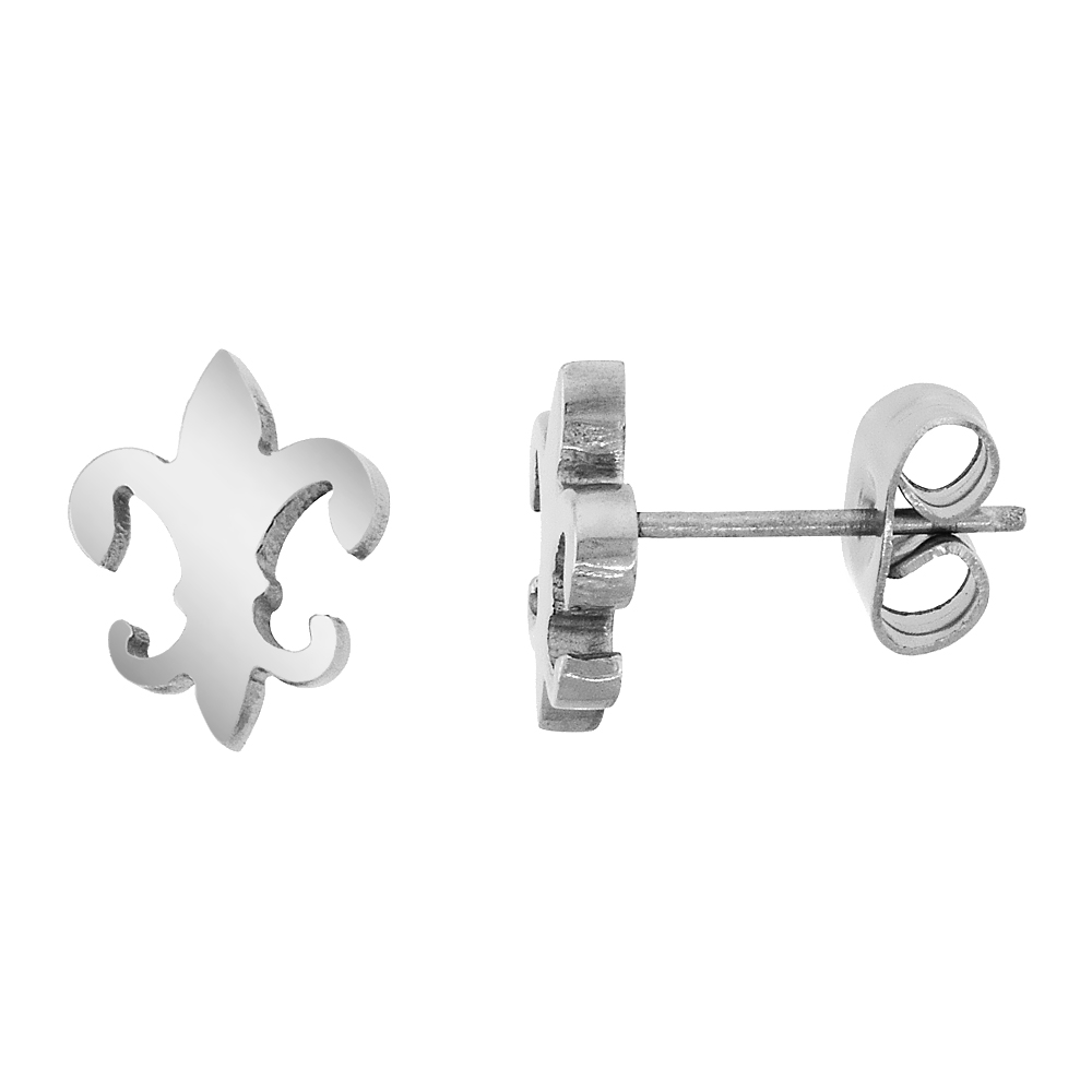 10 PAIR PACK Small Stainless Steel Fleur De Lis Stud Earrings, 3/8 inch