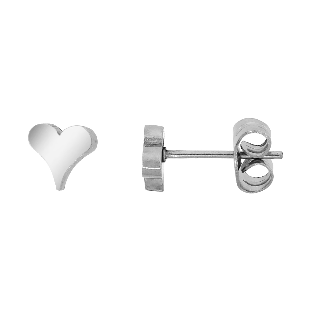 10 PAIR PACK Small Stainless Steel Heart Stud Earrings, 3/8 inch