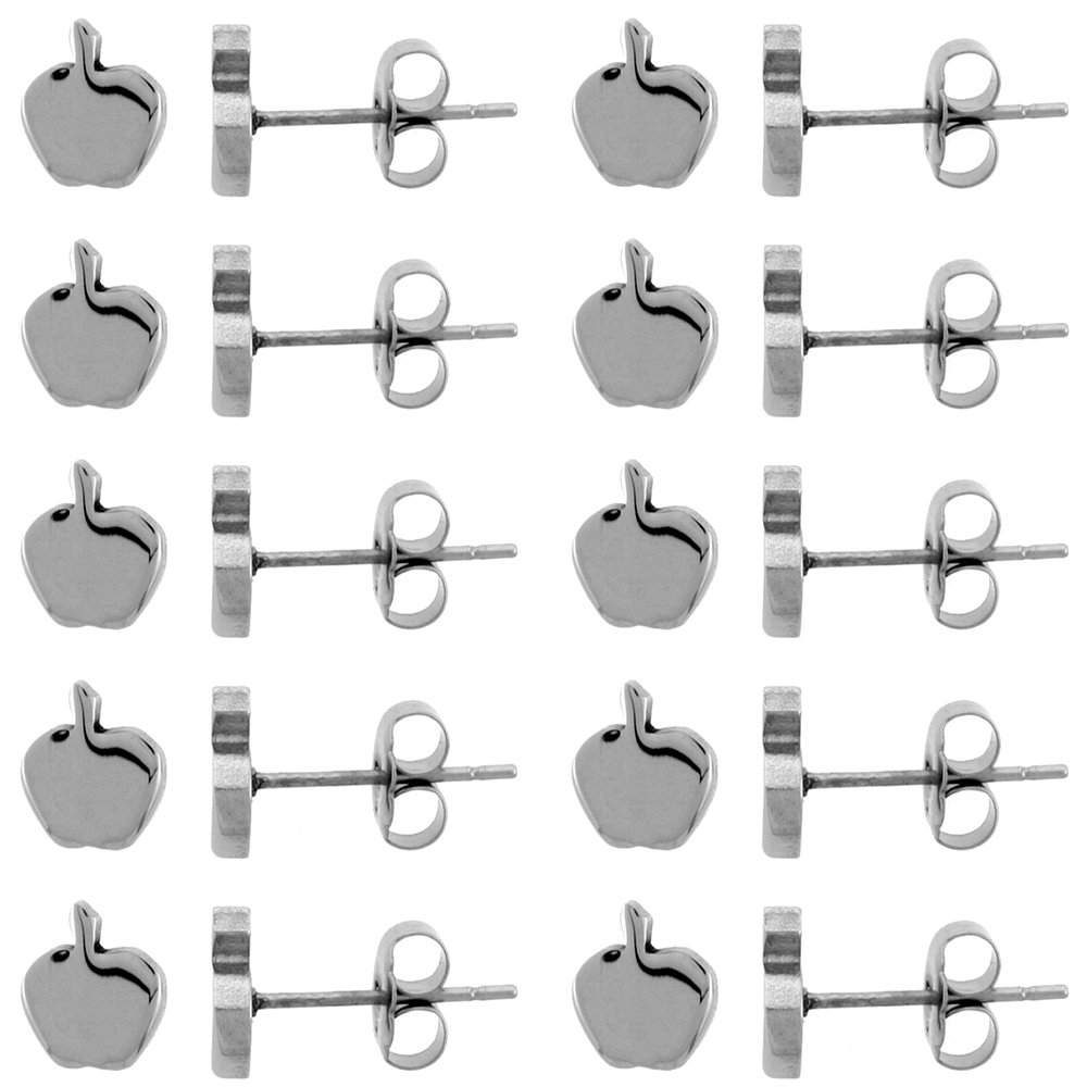 10 PAIR PACK Small Stainless Steel Apple Stud Earrings, 3/8 inch