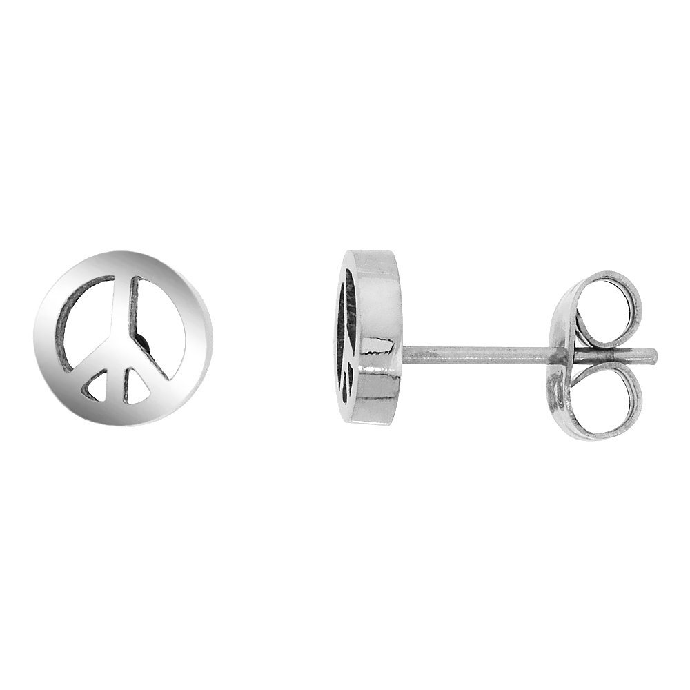 Small Stainless Steel Peace Sign Stud Earrings, 3/8 inch