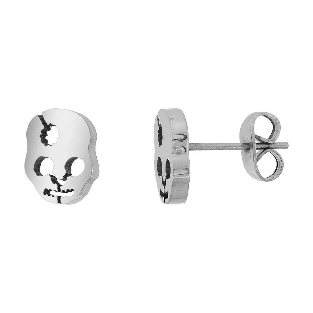 Small Stainless Steel Skull with Bullet Hole Stud Earrings, 3/8 inch