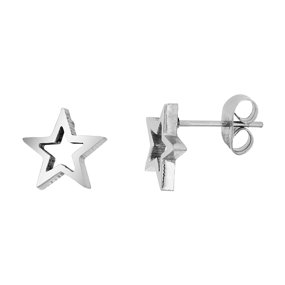3 PAIR PACK Small Stainless Steel Star Stud Earrings, 3/8 inch