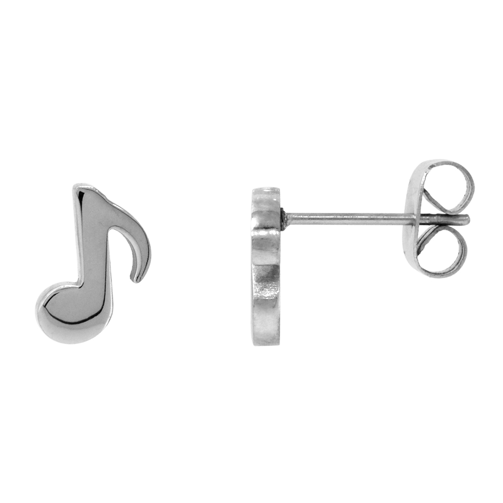 Small Stainless Steel Musical Eighth Note Stud Earrings Quaver Musical Symbol, 3/8 inch