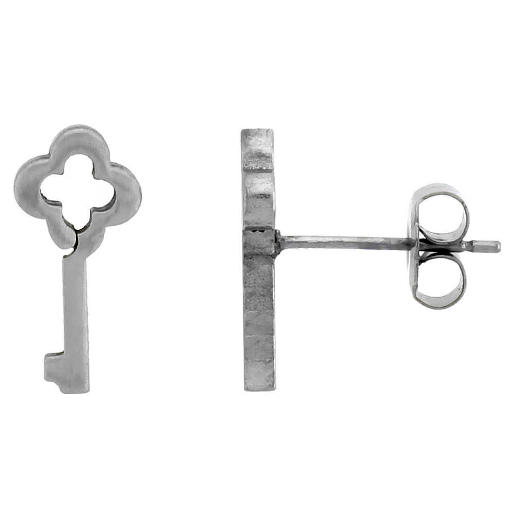 Small Stainless Steel Antique Key Stud Earrings, 1/2 inch