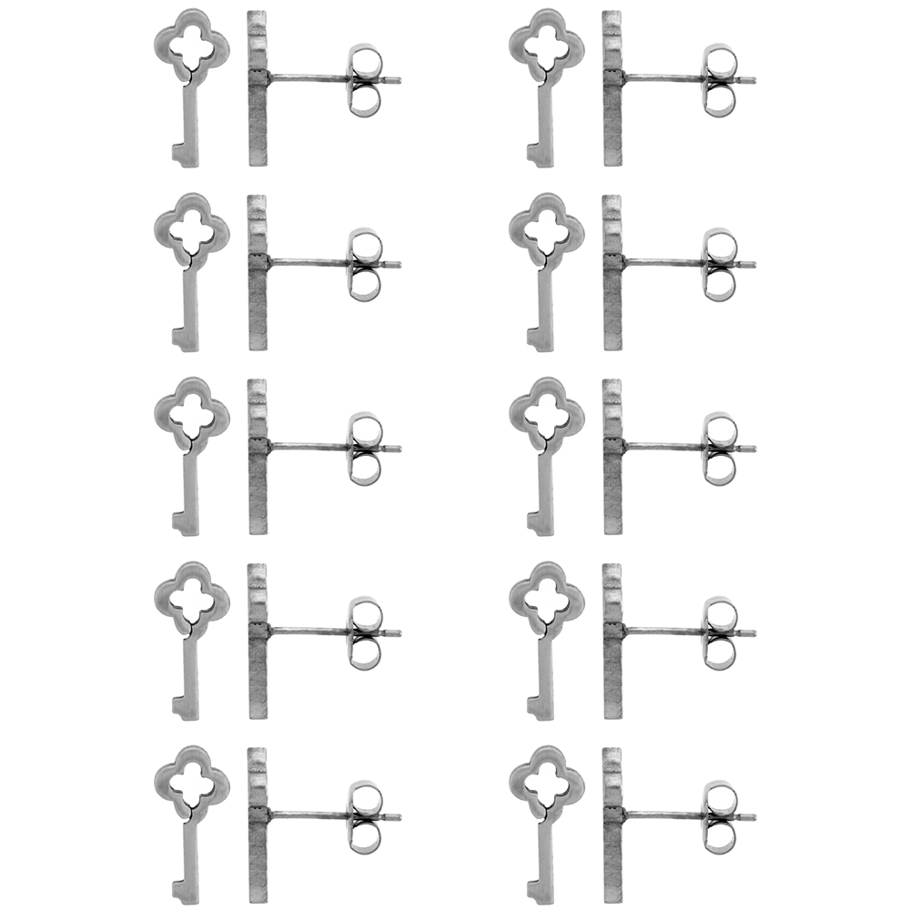 10 PAIR PACK Small Stainless Steel Antique Key Stud Earrings, 1/2 inch
