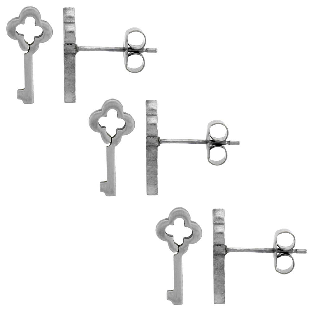 3 PAIR PACK Small Stainless Steel Antique Key Stud Earrings, 1/2 inch