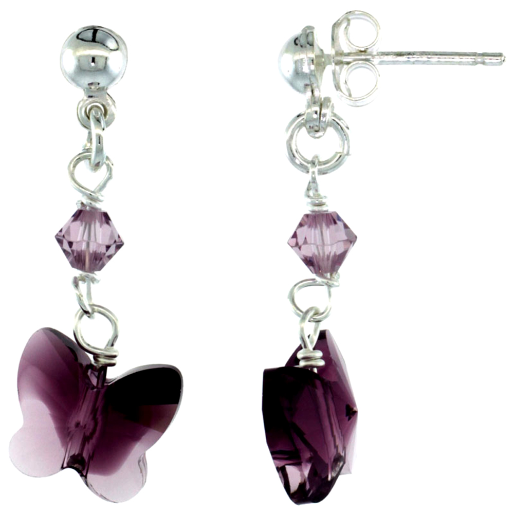 Sterling Silver Amethyst Crystal Butterfly Drop Earrings with 10mm Swarovski Crystal Butterfly Beads