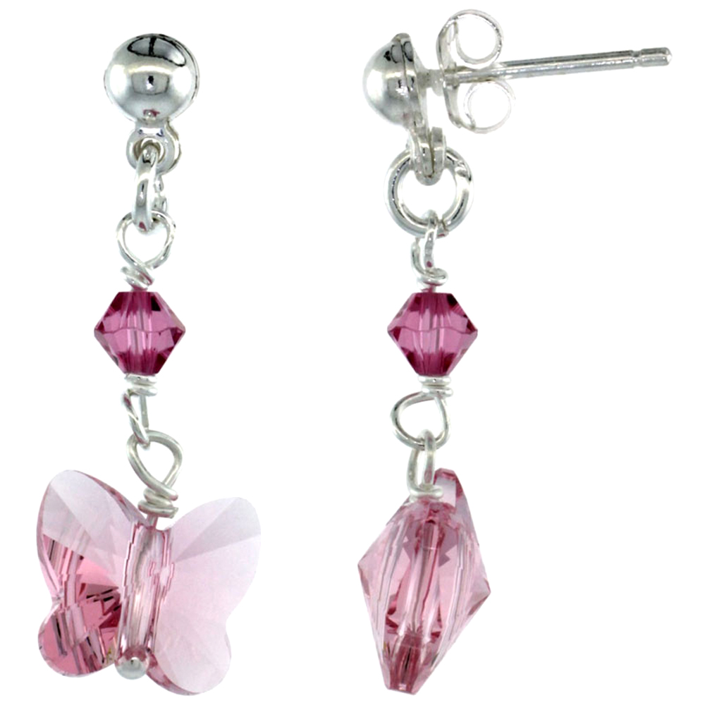 Sterling Silver Pink Crystal Butterfly Drop Earrings with 10mm Swarovski Crystal Butterfly Beads